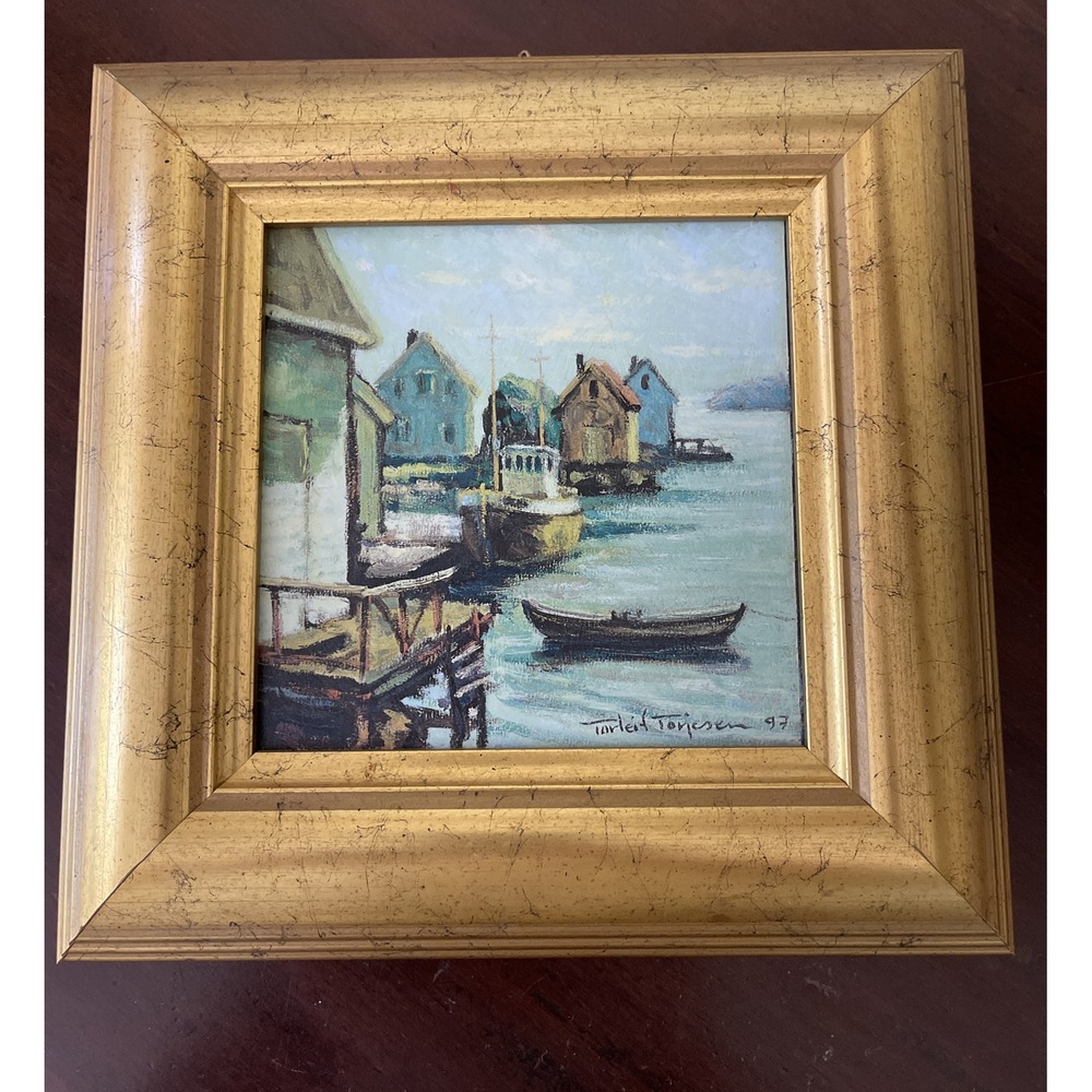 Vintage Landscape Art Reproduction on Board Boats in Harbor Nordic Signed Framed